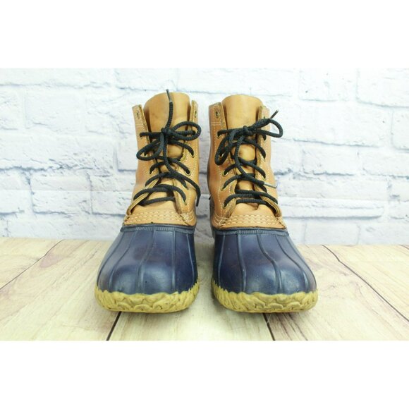 LL Bean Blue Brown Leather 8" Ankle Duck Boots Unlined Lace Up Size 9 M - Picture 4 of 10